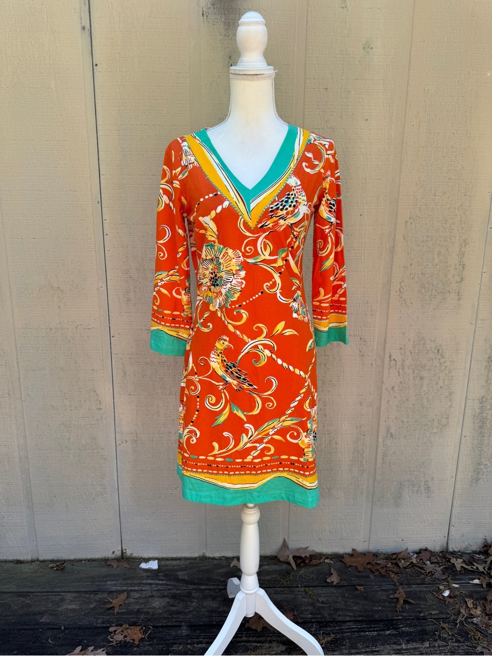 Orange Floral V-Neck Long Sleeve Dress with Teal Trim